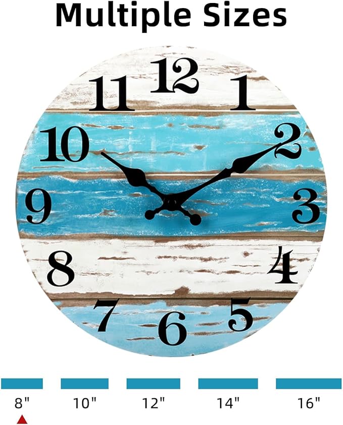 CHYLIN Wall Clock, Beach Themed Blue Wall Clocks Battery Operated Silent Non-Ticking, 8 Inch Vintage Rustic Coastal Nautical Clock Decorative for Kitchen Office Bathroom Bedroom 8
