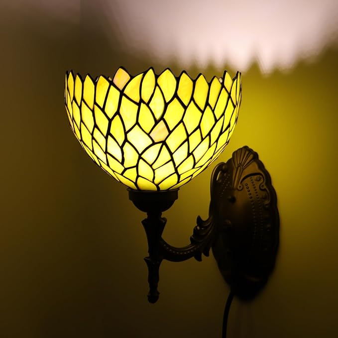 Tiffany Sconce Lamp Stained Glass Wall Lamp,8X10.5X11 Inch Plug in Wall Bedside Light for Hallway Bedroom (Yellow Wisteria)