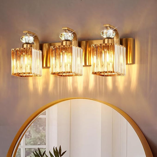 Modern Bathroom Vanity Light, 3-Light Gold Bathroom Lighting Fixtures Over Mirror, 20.5" Crystal Wall Light Sconce for Bathroom/Bedroom/Vanity, Includes LED Bulbs, Easy Installation