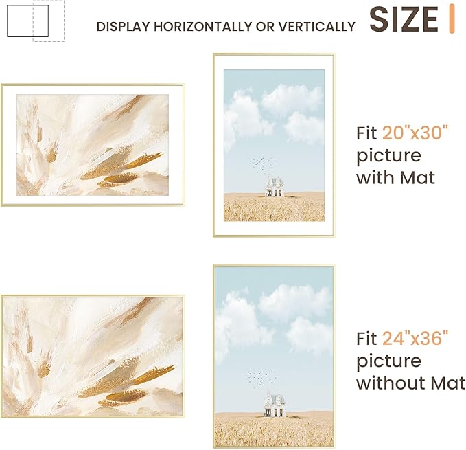 24x36 Metal Picture Frames, Aluminum Poster Frame with Removable Mat for 20x30 Photo, 24x36 Thin Hanging Frames, Sawtooth Picture Hangers Included for Home Wall Decor, Golden, Set of 1