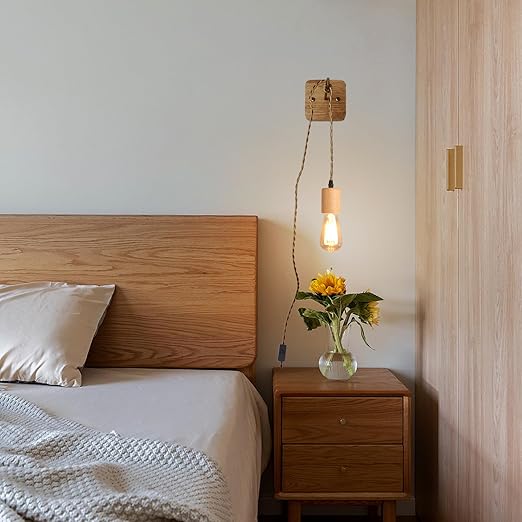 Arturesthome Wood Pendant Light Cord Kit with Switch, 9.8FT Vintage Industrial Hanging Light Plug in Lamp Cord with Twisted Nylon Rope Lights Socket E26 E27 for Farmhouse Lamp Cable Retro DIY