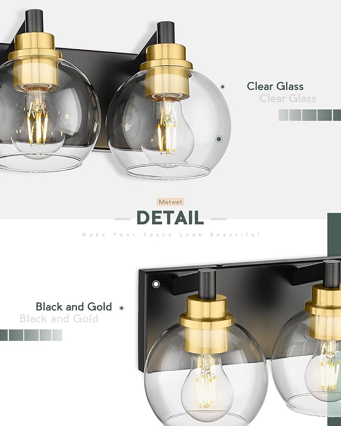 Bathroom Light Fixtures, 4-Light Black and Gold Bathroom Vanity Light, 26 Inch Modern Wall Sconces with Globe Clear Glass Shade, Vanity Lighting Fixtures Over Mirror, VL195-KG-4