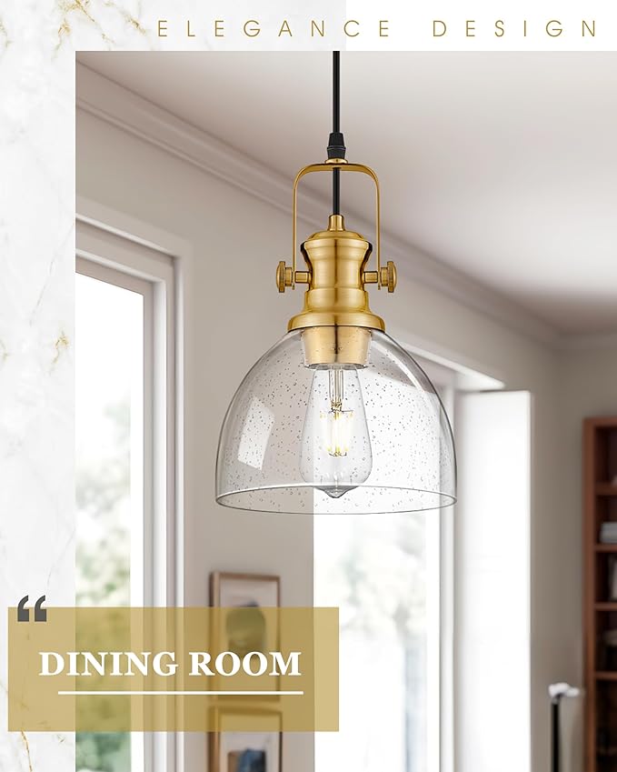 Pendant Lights Kitchen Island, 7.5" Farmhouse Pendant Lighting with Clear Seeded Glass Shade, Vintage Hanging Light Fixtures for Dining Room, Brushed Gold, AD-22151-1P-GD