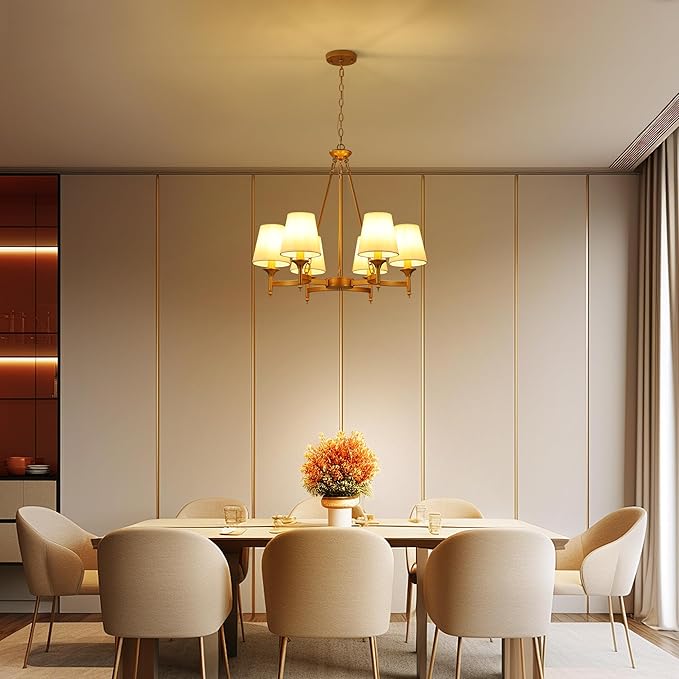 Gold Chandelier with White Shades, 6-Light Modern Farmhouse Chandeliers for Dining Room, Rustic Round Hanging Light Fixture for Kitchen Island Bedroom Office Living Room Entryway