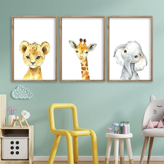 Baby Safari Nursery Wall Art Decor 11x16 Inch Set of 3 Wood Framed Cute Animal Giraffe Elephant Lion Prints Sign Kids Boys Girls Room Bedroom Jungle Animal Pictures Wall Hanging (Wood)