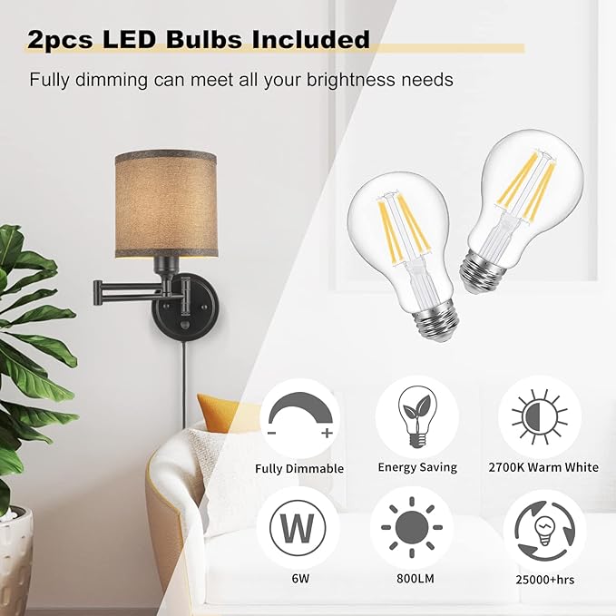 Dimmable Plug in Wall Sconces, Swing Arm Wall Lamp, Wall Sconces Set of Two, Plug in Wall Light, Sconces Wall Decor Set of 2, Grey Fabric Shade, 2pcs Bulbs Included