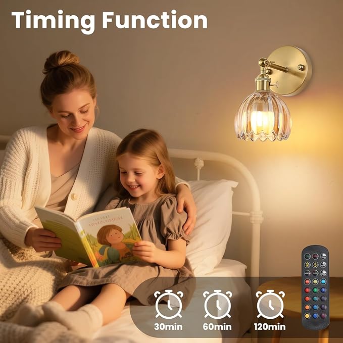 Battery Operated Wall Sconce Set of 2 with Amber Floral Glass Shade Vintage Wireless Wall Light with Remote Control for, Living Room, Bedroom, Dressing Table and Bathroom Timer/Memory Function/Dimmer