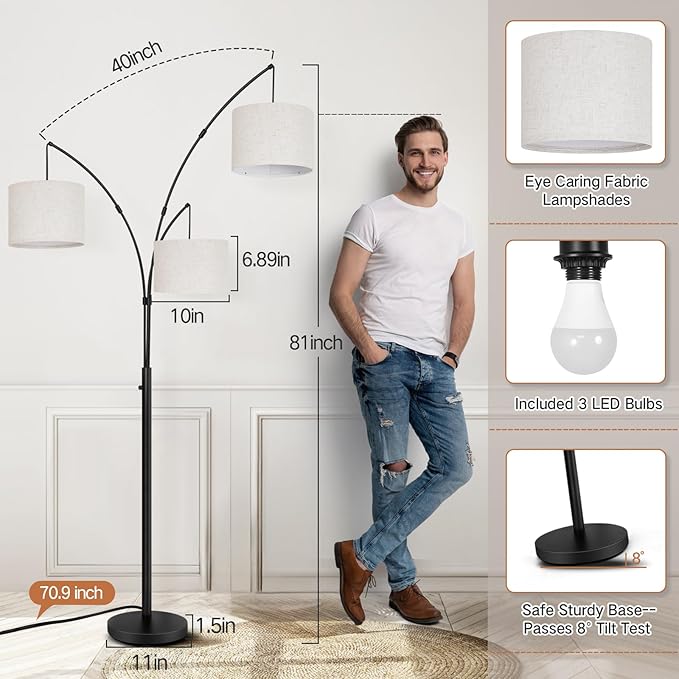 OUTON Arc Led Floor Lamp, Modern 3 Light Arched Tall Floor Lamps for Living Room, Mid Century Adjustable Standing Corner Lamps for Bedroom Office, 3 LED Bulbs Included, Beige Lampshade