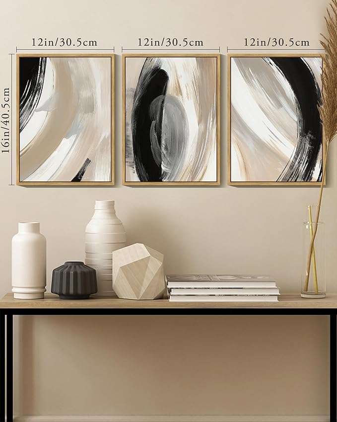 KUVIOKE Modern Abstract Framed Wall Art Black Neutral Minimalist Ink and Wash Graffiti Pastel Wall Decor for Bedroom Living Room 12x16in (Natural Framed)