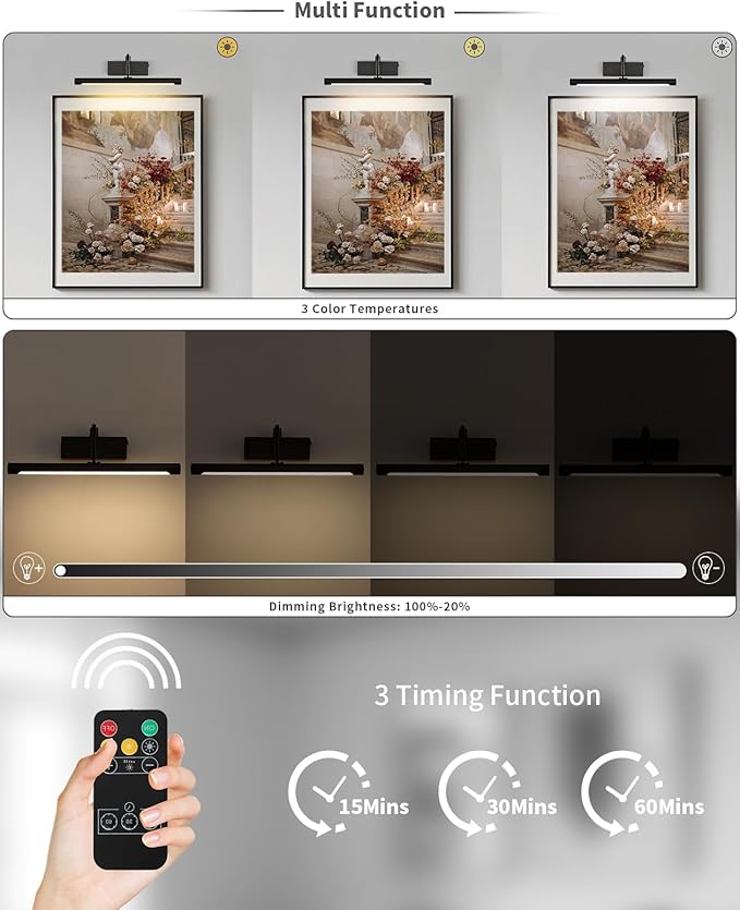 Joosenhouse Wireless Picture Light Battery Operate Library Light 15Inch 5000mAh Rechargeable Gallery Light with Remote Control Dimmer and Timer Off Function Black Wall Light