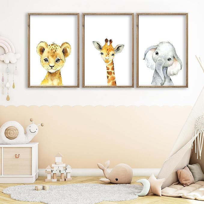 Baby Safari Nursery Wall Art Decor 11x16 Inch Set of 3 Wood Framed Cute Animal Giraffe Elephant Lion Prints Sign Kids Boys Girls Room Bedroom Jungle Animal Pictures Wall Hanging (Wood)