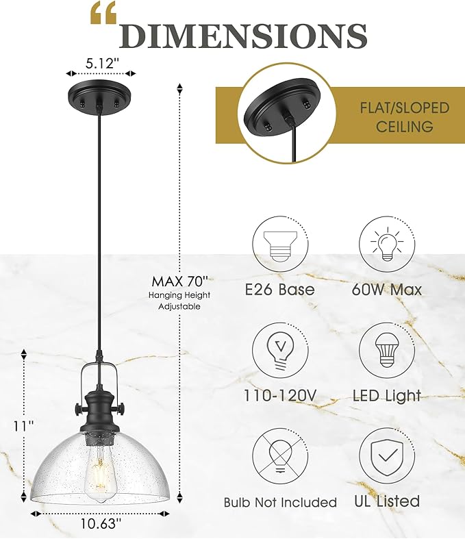 Black Pendant Lights Kitchen Island, 10.5" Farmhouse Pendant Lighting with Clear Seeded Glass Shade, Vintage Hanging Light Fixtures for Dining Room, AD-22151-1PL-BK