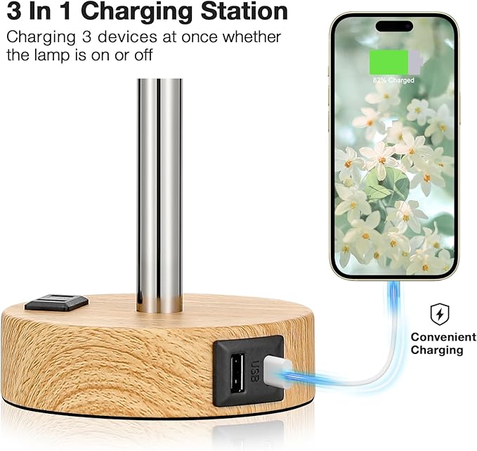 Floral Touch Lamp for Bedroom- 3 Way Dimmable Bedside Lamp USB C A Charging Ports and AC Outlet, Small Table Lamp Floral Linen Lampshade for Gift, LED Bulb Included