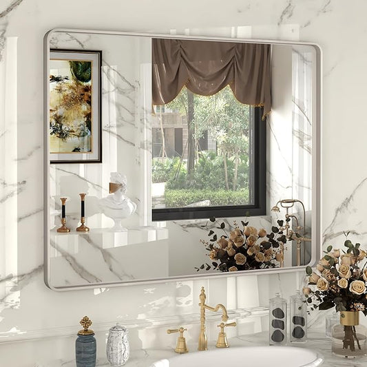 40x32 Inch Brushed Nickel Bathroom Mirror, Brushed Silver Metal Framed Wall Mirror, Rounded Corner Rectangle Modern Vanity Mirror, Tempered Glass, Anti-Rust, Shatterproof (Horizontal/Vertical)