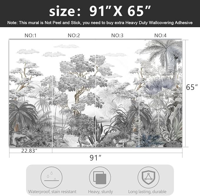-Tropical Rainforest Botanical Grey Jungle Forest Fabric Wallpaper Living Room Palm Leaf Plant Bedroom Bathroom Wall Mural- 91"x65"（ not Peel and Stick）