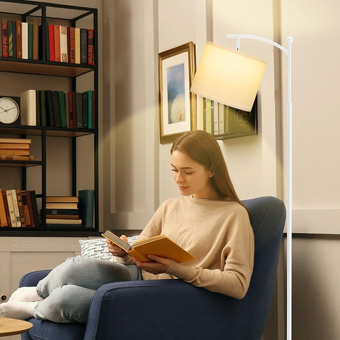 60" Floor Lamps for Living Room & 3 Color Temperatures Bulb, White Lampshade & Foot Switch Included, Easy to Install, 9W Bulb Included(White Shade & White Pole)