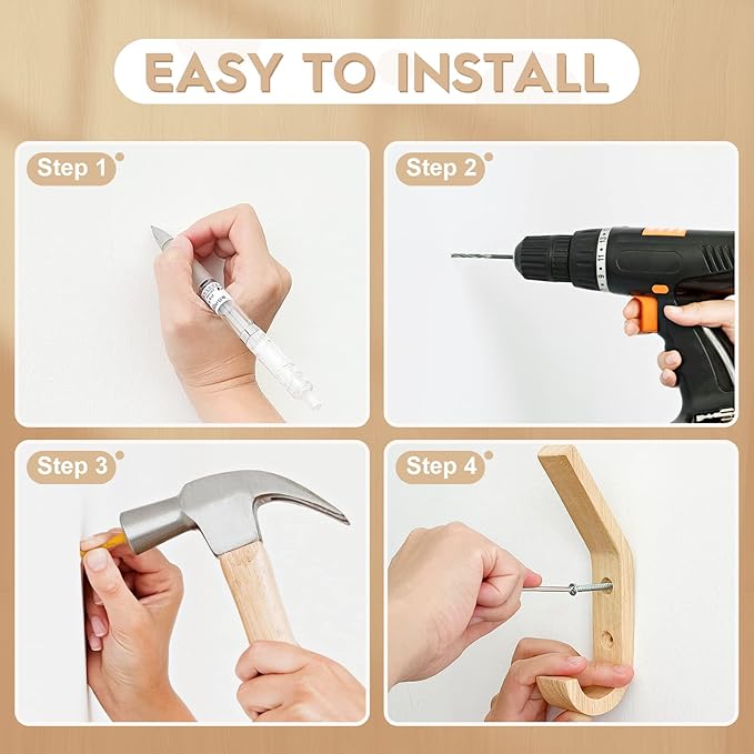 Wooden Coat Hooks Wall Hooks,Natural Oak Wood Hooks Decorative Vintage Wood Wall Hooks Organizer Heavy Duty Wall Mounted Hooks for Hanging Coats, Key, Cap, Cup (6 Pack)