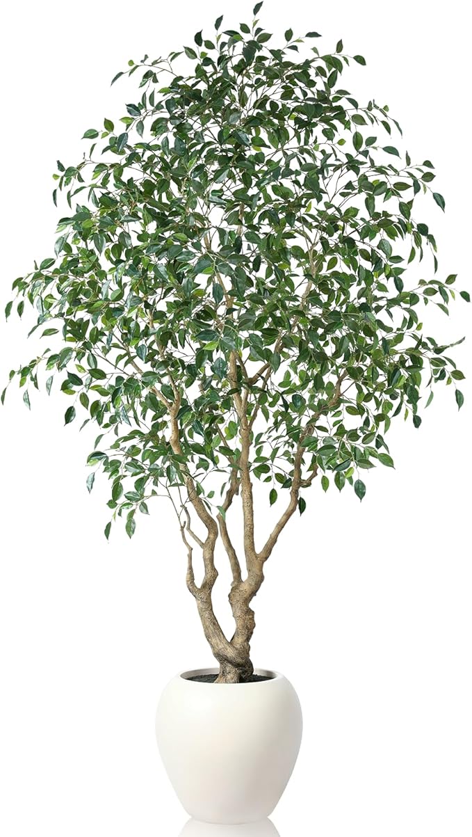 Ficus Tree Artificial Indoor, 8 Feet Tall Faux Ficus Tree with Round Artisan Planter, Premium Handmade, Realistic Trunk & Lifelike Leaves, Perfect for Large Spaces & Elegant Home/Office Decor