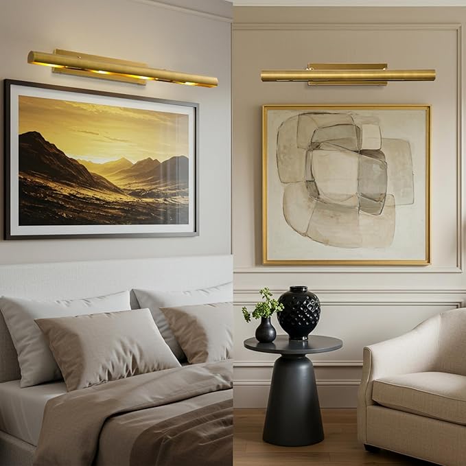 Brass Picture Light for Wall Gold Wall Sconces for Gallery 24" Linear Picture Light Hardwired, 3-Light Gold Art Light, Dimmable Lamp, 270° Picture Frame Light for Bedroom, Living Room, Hallway