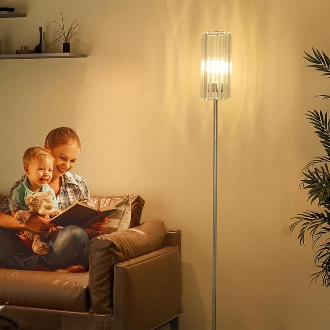 HMVPL Chrome Floor Lamp for Living Room, Modern Pole Floor Lamp for Bedroom with K9 Crystal Shade, Silver Standing Lamp for Corner with On/Off Switch,Elegant Tall Lamp for Nursery Kids Girls Room Home