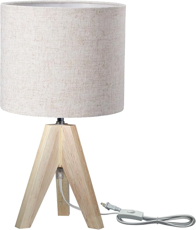 Tripod Table Lamp, Wooden Desk Lamp with Linen Beige Lampshade, 14.37 in Small Bedside Lamps, Birch Color Wooden E26 Base Lamps for Night Stands, Home, Office, Living Room, Dorm(Bohemian)
