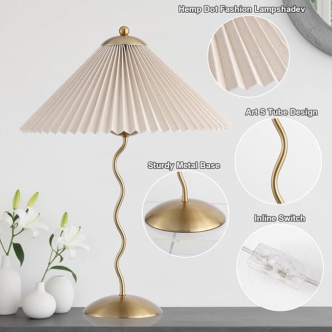 Pleated Table Lamp, S Tube Modern Table Lamp for Bedroom, Bedside Lamps with Organic Textured Linen Lampshade for Nightstand Bedroom Home Office Decor, Gold
