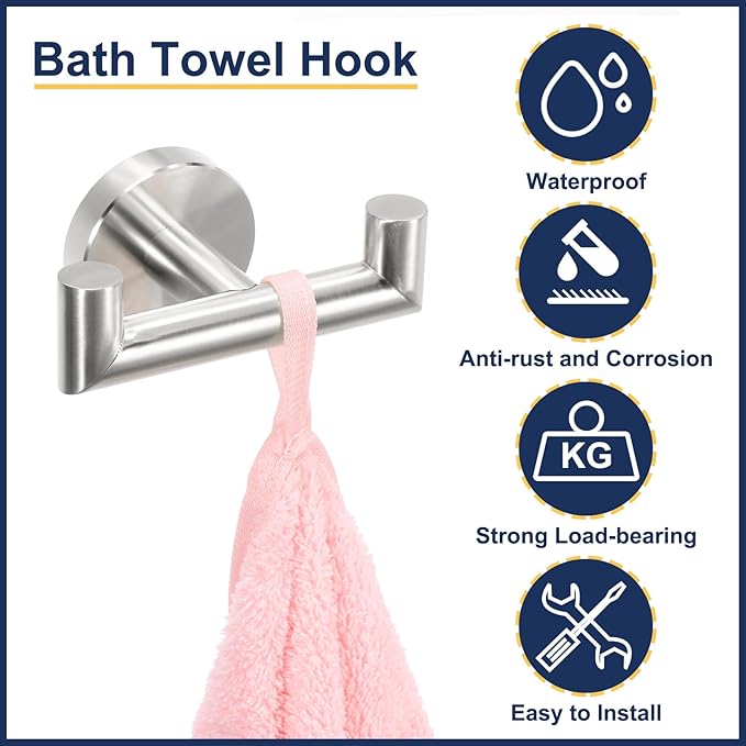 uxcell Double Towel Hook, Stainless Steel Coat Hook, Wall Mount Robe Hooks Hand Towel Hanger for Bathroom Kitchen Living Room, Brushed Silver