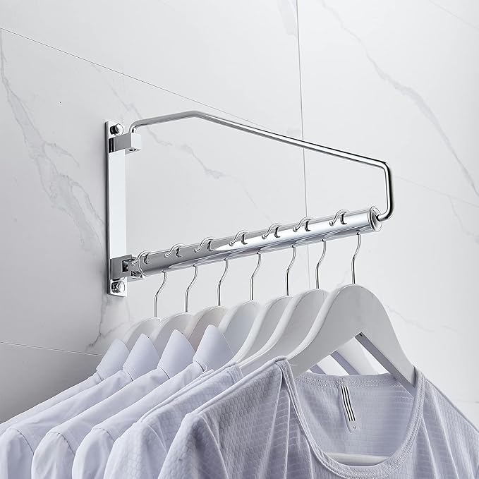 Laundry Hanger,NEWRAIN Wall Mounted Clothes Hanger with Swing Arm Holder Brass Hanging Drying Rack Space Saver,Chrome