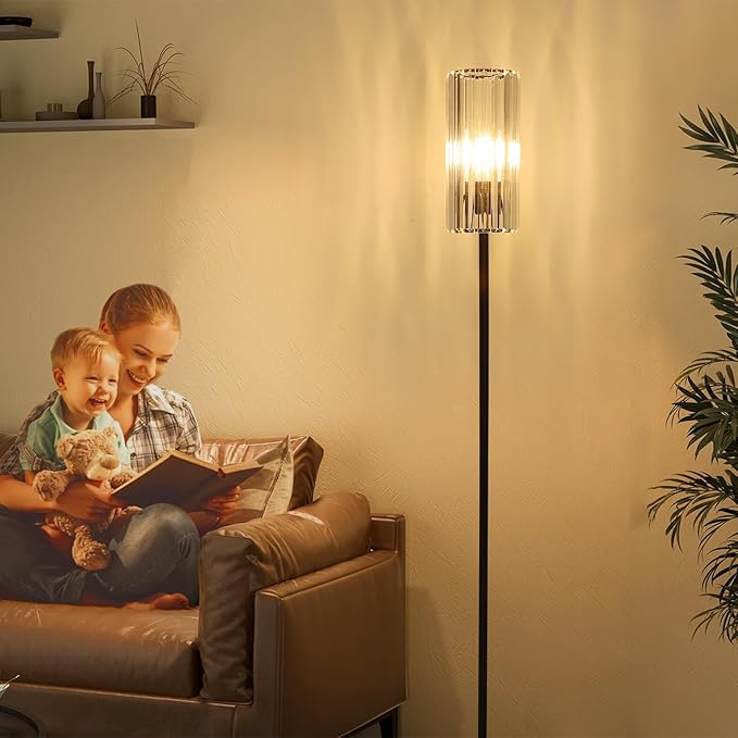 HMVPL Black Floor Lamp for Living Room, Elegant Floor Lamp for Bedroom with K9 Crystal Shade, Modern Standing Lamp for Corner with On/Off Switch, Pole Tall Lamp for Nursery Office Home Decor