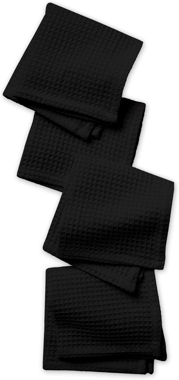 Encasa XO' Waffle Weave Face & Hand Towels – 12"x12", Black Washcloths Set of 12 – Quick Drying for Bathroom, Gym, Kitchen & Travel – Small Reusable Dish Cloths & Face Wipes for Everyday Use