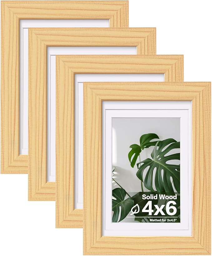 Egofine 4x6 Picture Frames Natural Wood Frames with Plexiglass, Display Pictures 3.5x5 with Mat or 4x6 Without Mat Set of 4 for Tabletop and Wall Mounting