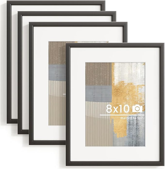 8x10 inch Metal Picture Frame - 8 x 10 Thin Aluminum Photo Frames with 5x7 Removable Mat - High Definition Plexiglass - Ideal for Wall or Tabletop Display - Wall Hook Hanging Hardware Included - Black, Set of 4