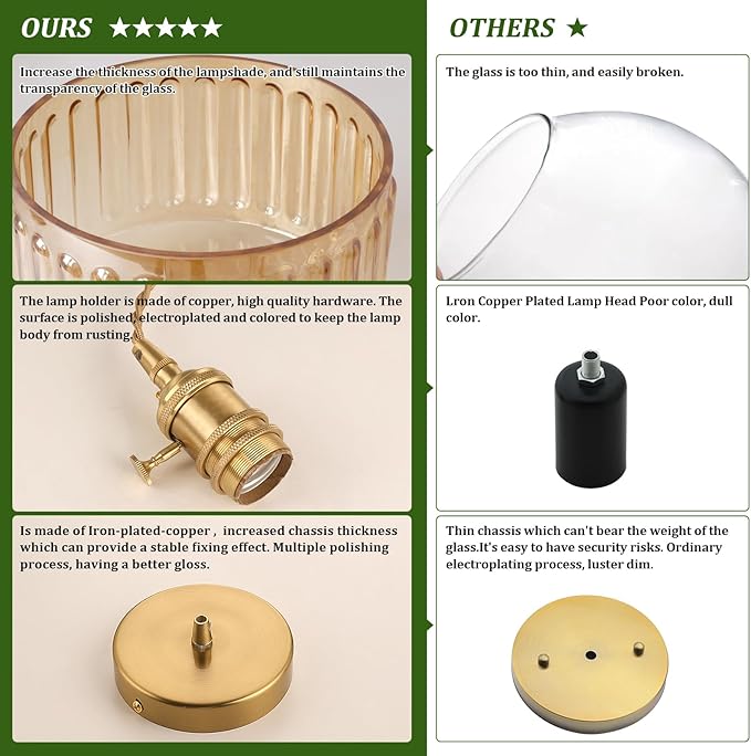 Pendant Light 2 Pack with Amber Striped Glass Lmapshade, Brass Vintage Pendant Light Adjustable Hanging Light for Kitchen Island Dining Room Hallway