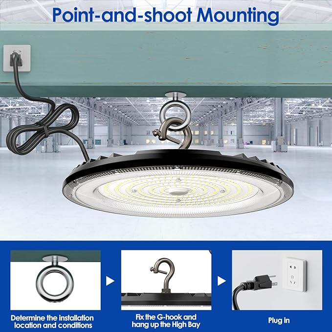 LED High Bay Light ECO 200W x1, 13' UFO Ceiling Lighting Fixture w/Plug for Garage Shop Warehouse Workshop, 5000k 22500lm Non-Dimmable IP65 (Count of 1 Black)
