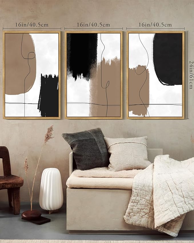 KUVIOKE Neutral Abstract Framed Wall Art Beige Mid Century Textured Wall Decor Minimalist Line Modern Illustrations Art Print Home Decor 16x24in (Natural Framed)
