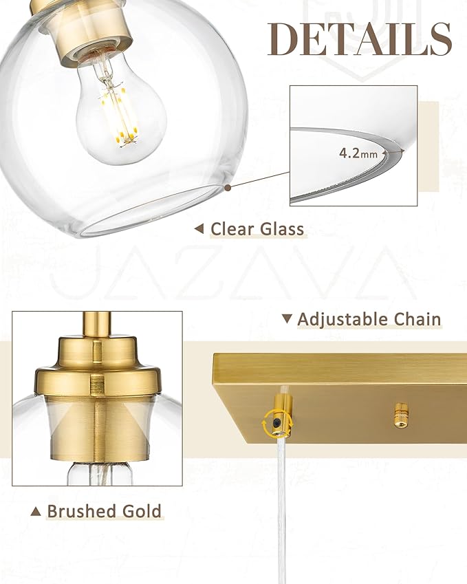 3-Light Gold Linear Chandelier, Globe Kitchen Island Lighting, Modern Pendant Light with Clear Glass for Dining Room Living Room Pool Table, ZCPL101BG-3S