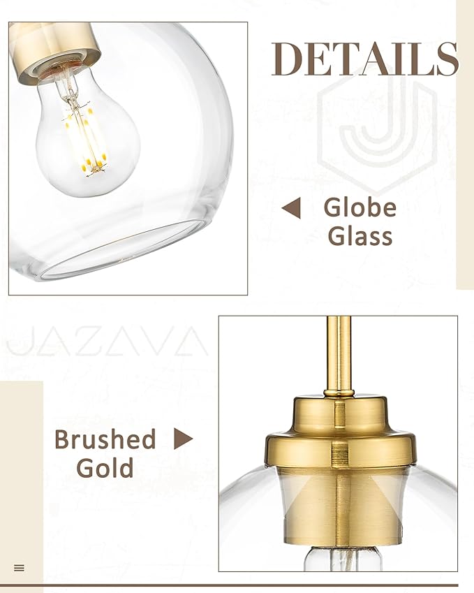 Modern Polished Gold Pendant Light, 7Inch Mid Cenrury Globe Hanging Light Fixture with Clear Glass for Kitchen Island Dining Room Bedroom Hallway Foyer (1 Pack), PL101BG