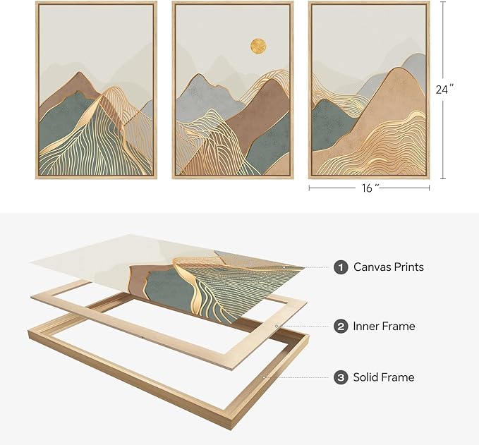 Framed Boho Mountain Wall Art for Living Room, Large Modern Canvas Nature Landscape Prints Artwork for Walls, Minimalist Sun Line Painting, Hallway, Bedroom, Kitchen, Office Wall Decor, 16x24 Inch
