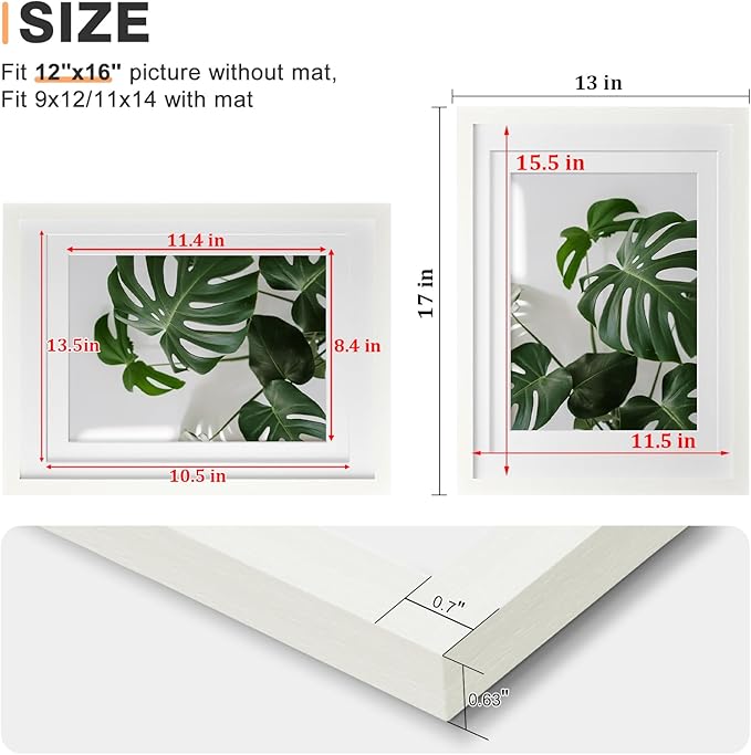 Egofine 12x16 Picture Frames 4PCS Covered by Plexiglass, Made of Solid Wood, Display Pictures 9x12/11x14 with Mat or 12x16 Without Mat for Wall Mounting, White with Texture