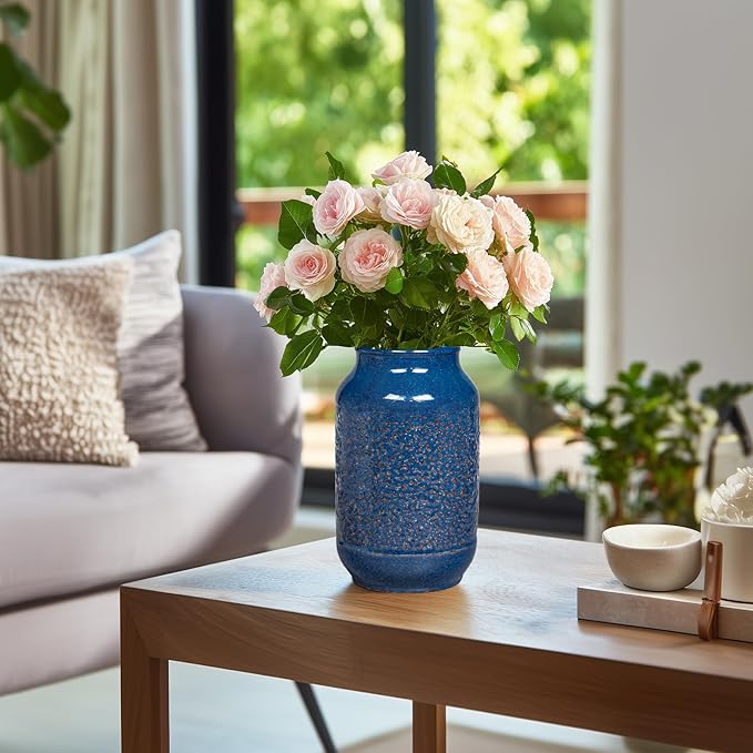 Blue Ceramic Vase for Home Decor, 9 Inch Modern Farmhouse Vase, Decorative Vases for Pampas Grass, Fireplace, Living Room, Bathroom, Tabletop, Kitchen, Office, Farmhouse Decor