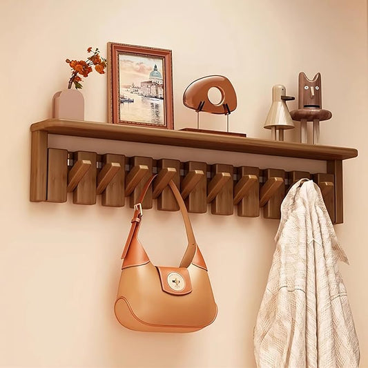 Wall Mounted Piano Key Hanger | Flip Style Hook | Entrance Wall Art Hook, Made of Oak Wood (3 Times Painted, 4 Times Polished) (Tray Walnut, 10Hooks)
