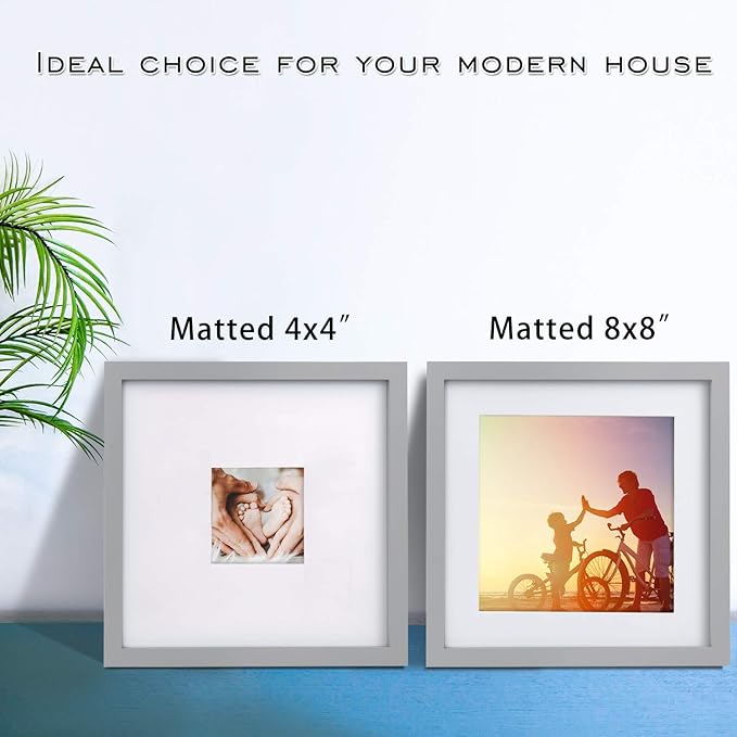 Egofine 11x11 Picture Frames 4 Pack, Display Pictures 4x4 or 8x8 with Mat or 11x11 Without Mat Made of Solid Wood Covered by Plexiglass for Table Top Display and Wall Mounting Photo Frame, Light Gray