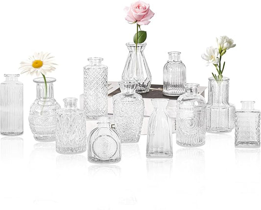 Set of 12 Glass Bud Vase Set, Small Vintage Clear Flower Vase Centerpieces for Table Bulk Cute Rustic Style Mini Vase for Home Decor Wedding Baby Shower Birthday Party