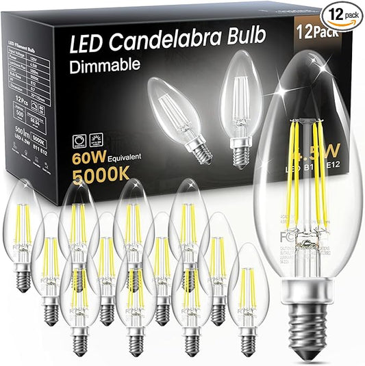 TJOY LED Candelabra Bulbs Dimmable, 60W Equivalent Chandelier Light Bulb, E12 Small Base, 4.5W 5000K Daylight White, B11 Vintage Filament Clear Glass Candle Light for Ceiling Fan Chandeliers, 12Pack