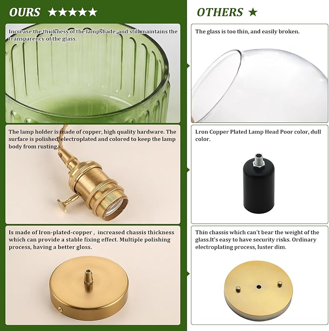 Pendant Light with Green Striped Glass Lmapshade, Brass Vintage Pendant Light Adjustable Hanging Light for Kitchen Island Dining Room Hallway