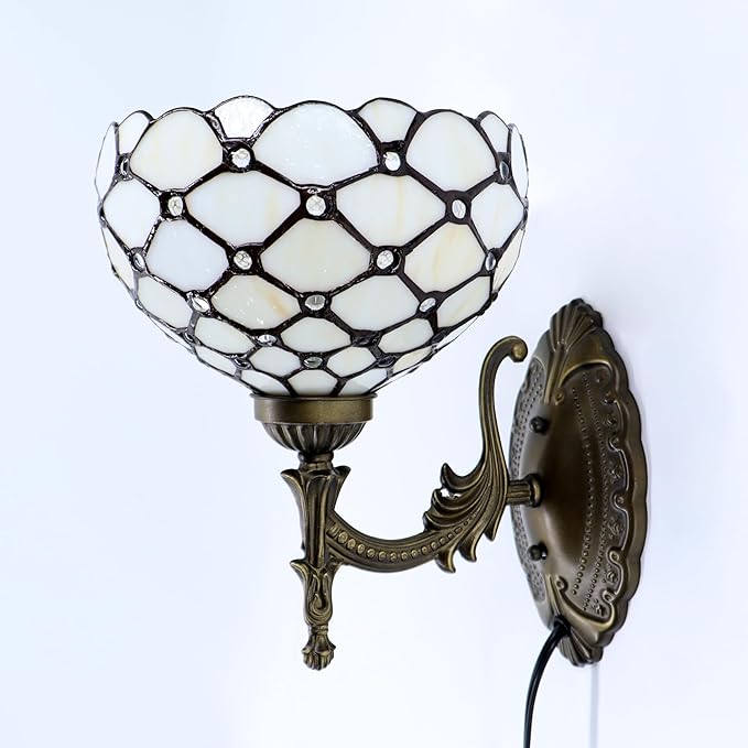 Tiffany Sconce Lamp Stained Glass Wall Lamp,8X10.5X11 Inch Plug in Wall Bedside Light for Hallway Bedroom (Cream Bead)