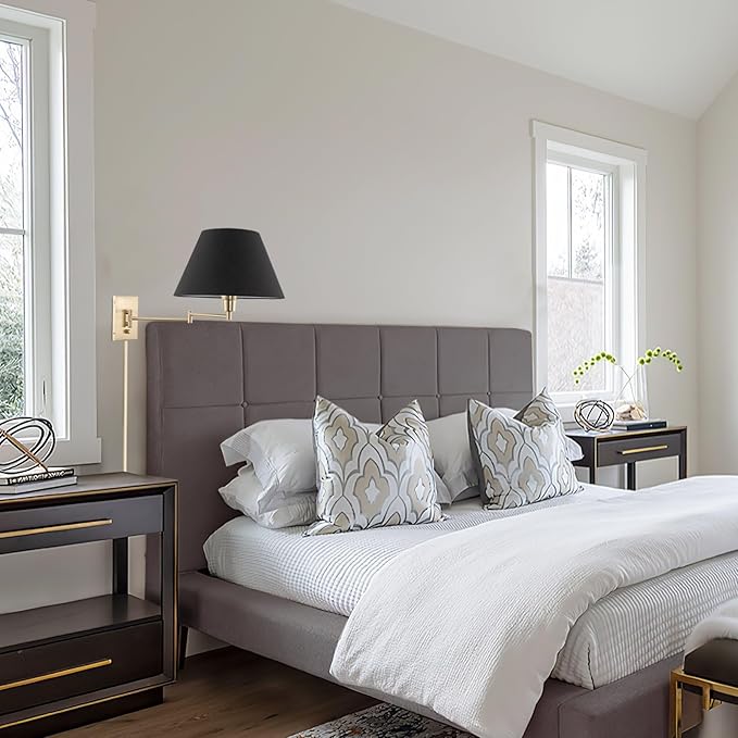 Kira Home Cambridge 15" Modern Swing Arm Wall Lamp - Plug in/Wall Mount + Black Fabric Shade, Cool Brass Finish, 2-Pack