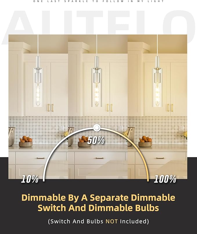 AUTELO 2 Pack Pendant Lights Kitchen Island, Brushed Nickel Hanging Lamp, Modern Cylinder Glass Pendant Lights, Hanging Light for Kitchen Island Dining Room Bathroom, H3875 ST-2PK