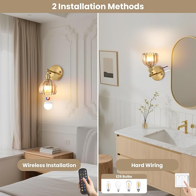 Battery Operated Wall Sconce Set of 2 with Amber Floral Glass Shade Vintage Wireless Wall Light with Remote Control for, Living Room, Bedroom, Dressing Table and Bathroom Timer/Memory Function/Dimmer