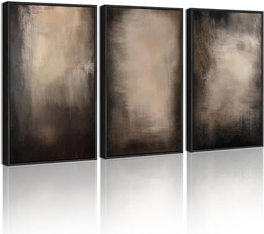 KUVIOKE Abstract Framed Wall Art Set Earthy in Deep Brown and Beige Tones Modern Art Decorative Home Decor 16x24in (Black Framed)